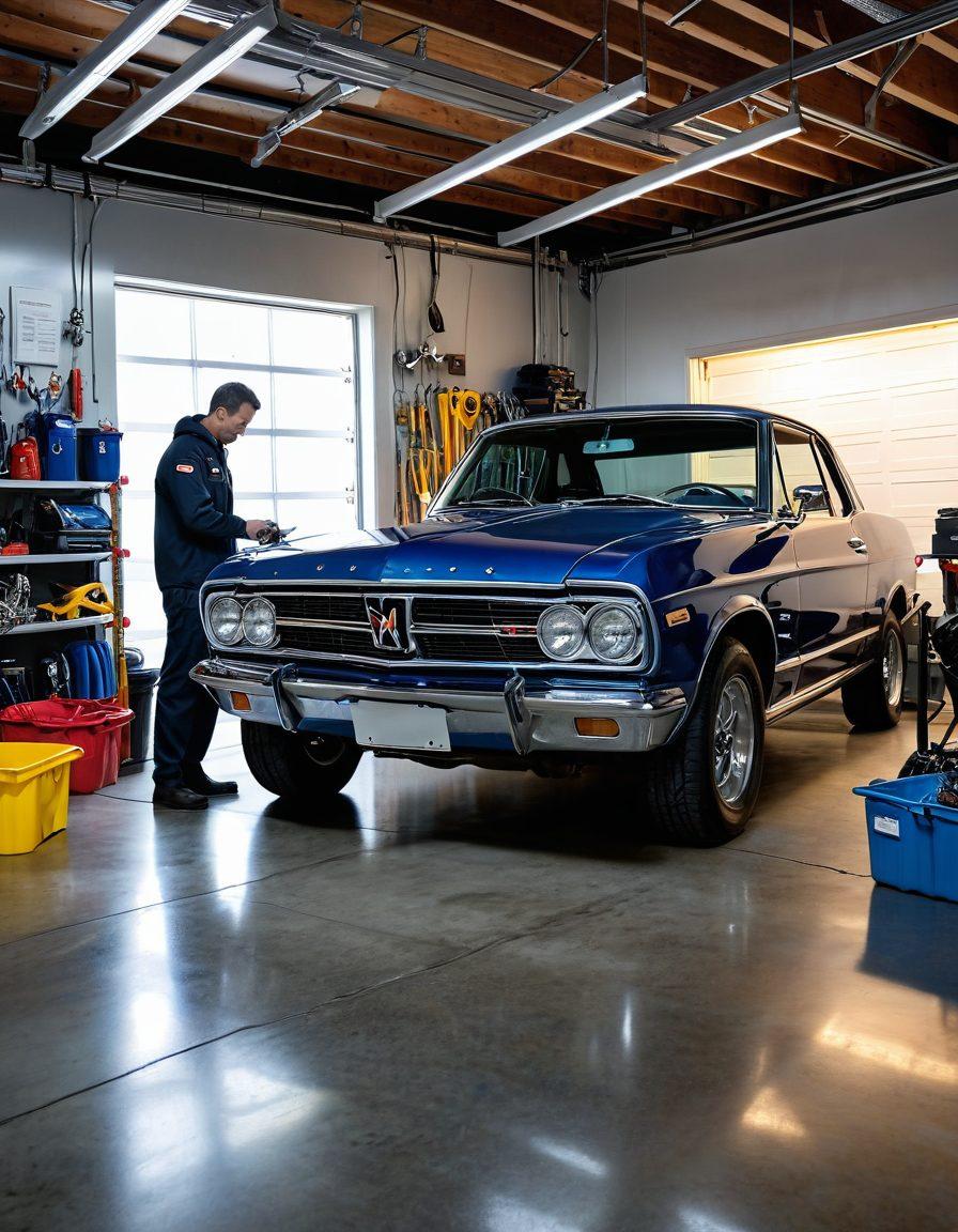 A modern car parked in a clean, well-lit garage. The hood is open, showcasing a well-maintained engine. Tools like wrenches and oil cans are neatly arranged on a workbench in the background. A figure is seen inspecting the engine with a checklist in hand. super-realistic. vibrant colors. white background.