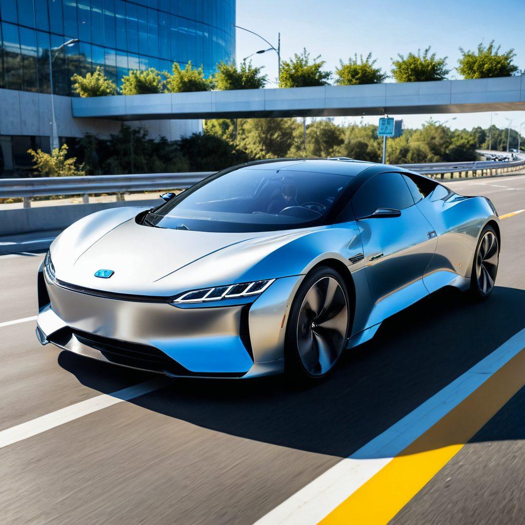 A sleek, futuristic car zooming on a modern highway with augmented reality dashboards and electric charging stations in the background. Experts in lab coats examining car parts, showcasing cutting-edge technology. Vibrant and dynamic, capturing the essence of innovation. super-realistic. vibrant colors. urban tech-centric background.