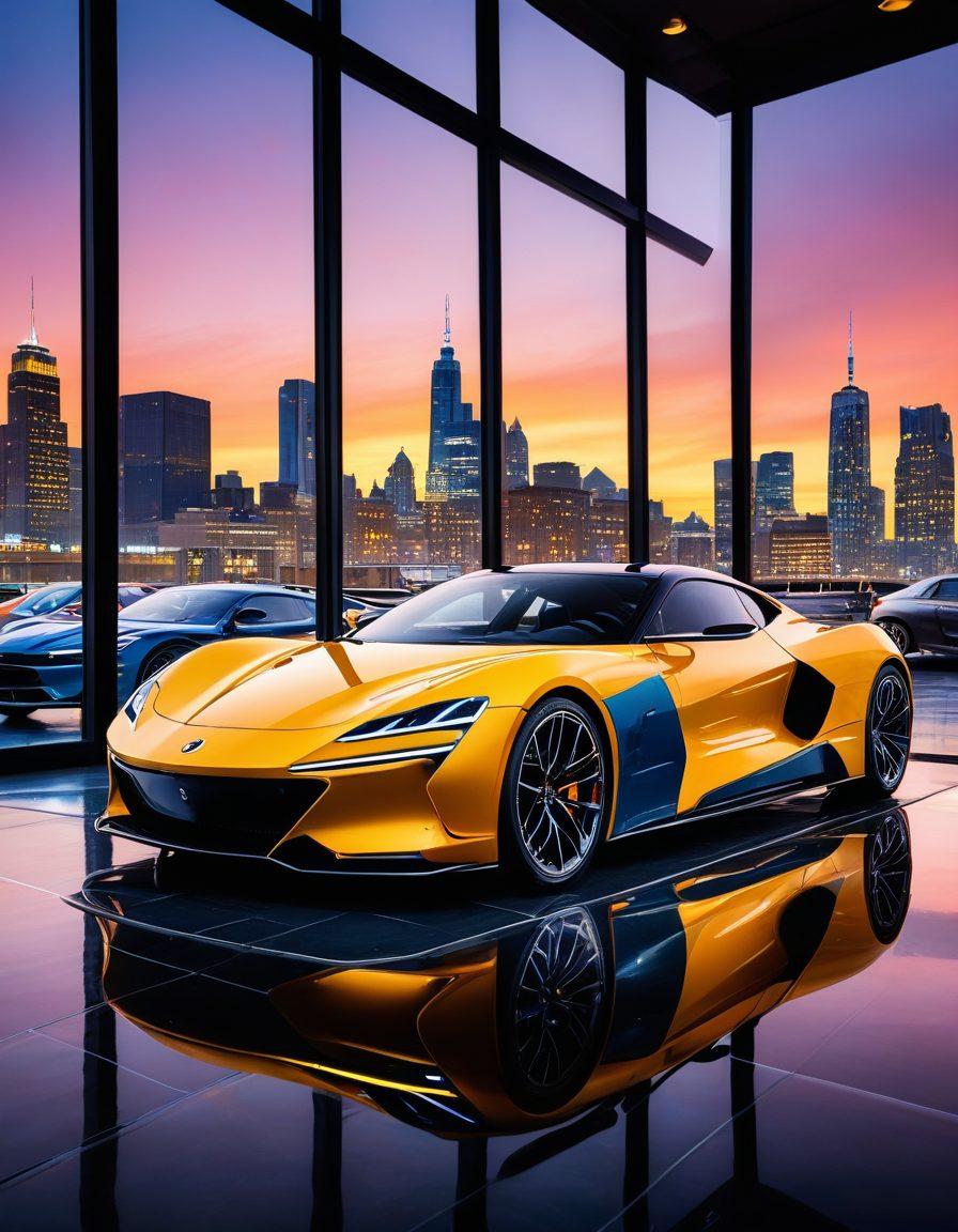 A futuristic showroom with cutting-edge vehicles displayed on sleek platforms under dramatic lighting. Include a variety of cars like electric, sports, and luxury with a bustling crowd of enthusiasts and reviewers engaging with the cars. Wide glass windows showing an urban skyline at dusk. super-realistic. vibrant colors.